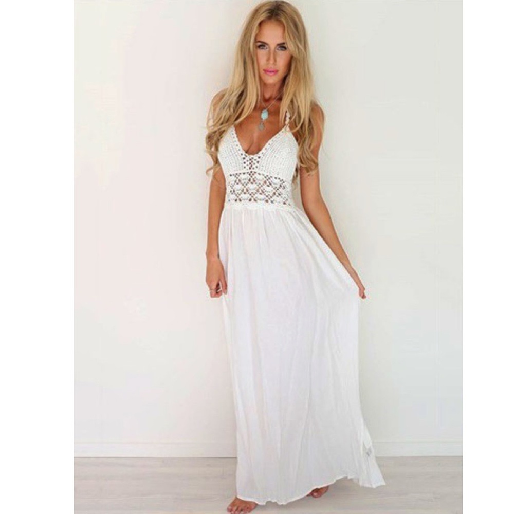 White Maxi Dress. Halter, Crochet, Chiffon, Backless